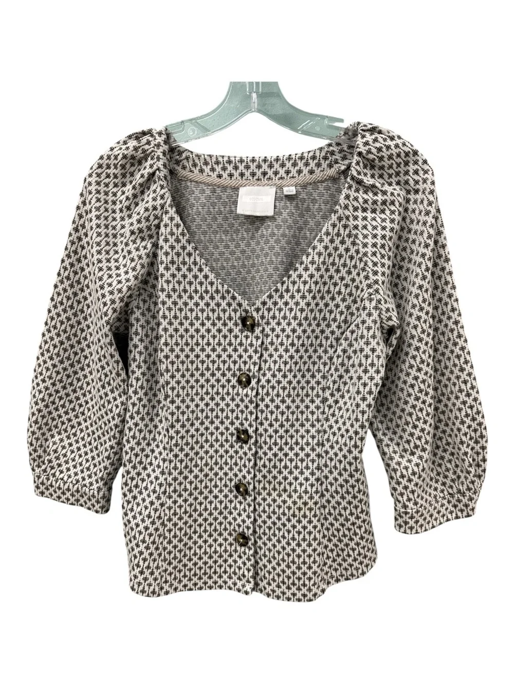 Anthropologie Black & White Puff Sleeve Button-Front Knit Top